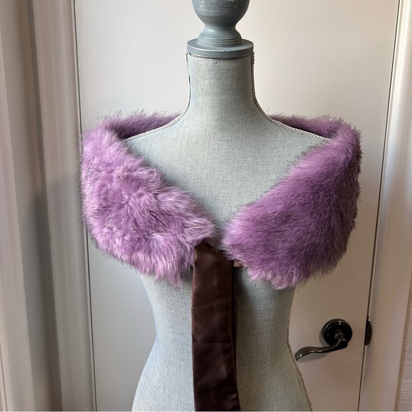 Plush Purple Faux Fur Stole With Brown Satin Ribbon Tie - Picture 4 of 9